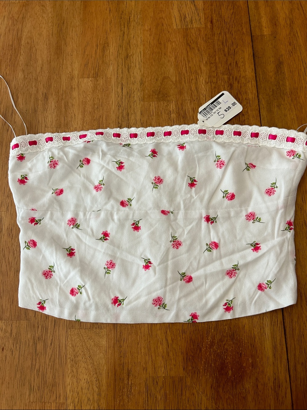 Sky to Moon White Floral Ribbon-Trim Tube Top with Pink Roses large